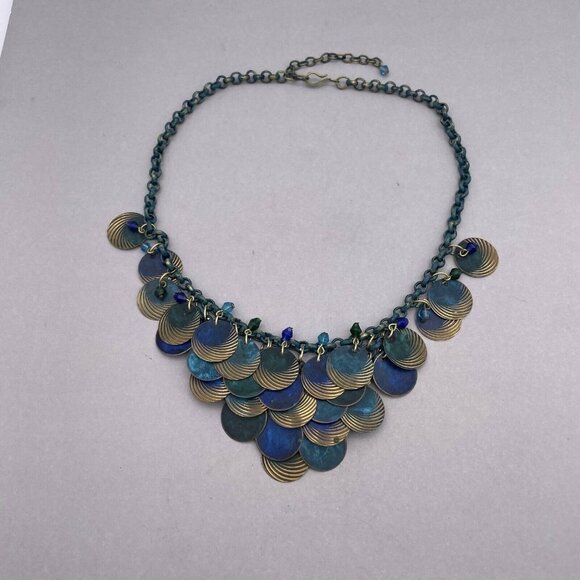Beads Disk Bib Necklace Gold Tone Blue Hook Closure 17 to 19 Inches - Picture 2 of 5